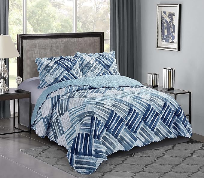 Brilliant Sunshine Blue and Grey Stripe Blocks Patchwork, 3-Piece Quilt Set by BrilliantSunshine