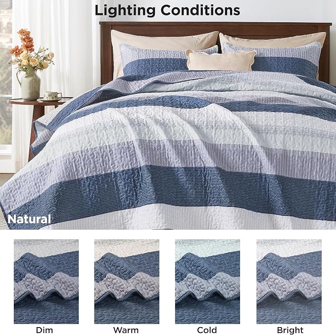 Andency Oversized King Quilt Set Mineral Blue, 128x120 Stripe Bedspread - Image 9