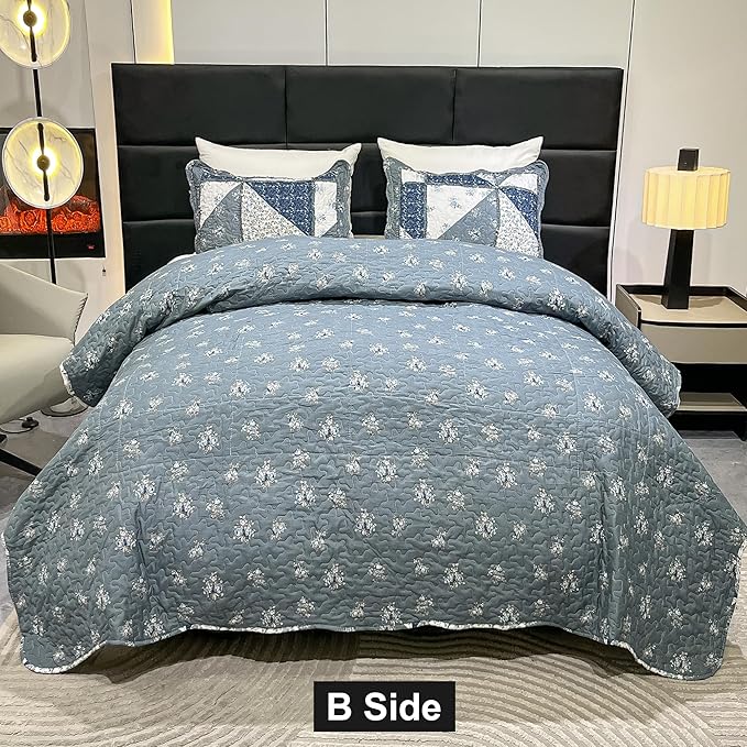 Patchwork Quilt Set King Size Quilted Bedspread Coverlet Set 3-Piece Grey - Image 5