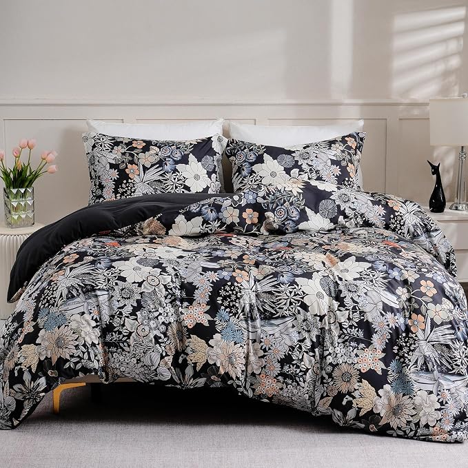 LONAVA Queen Flower 3 Pcs Duvet Cover Set, Breathable Soft Microfiber Black by LONAVA