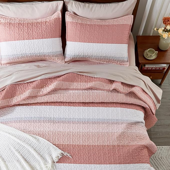 Andency Queen Quilt Bedding Set Blush Pink, 3 Pieces Patchwork Summer Striped - Image 8