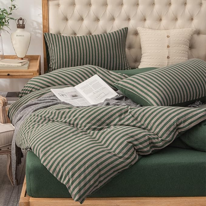PURE ERA Forest Green Stripe Jersey Duvet Cover Set King Size 100% T-Shirt - Image 3