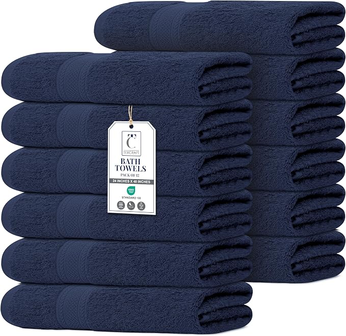 Commercial Bulk Pack of 12 Bath Towels – 100% Cotton Terry 24" x 48" – Ideal by TEXCRAFT