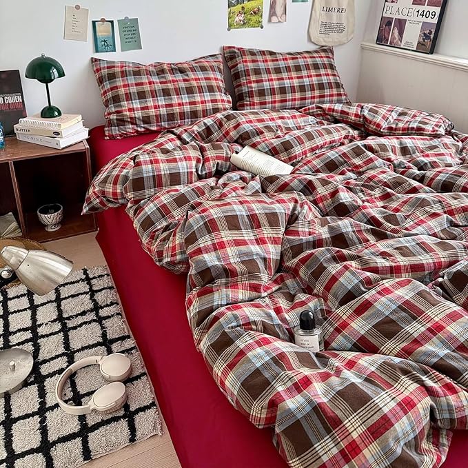 mixinni Vintage Red & Brown Buffalo Plaid Duvet Cover Set Full Size - Image 5