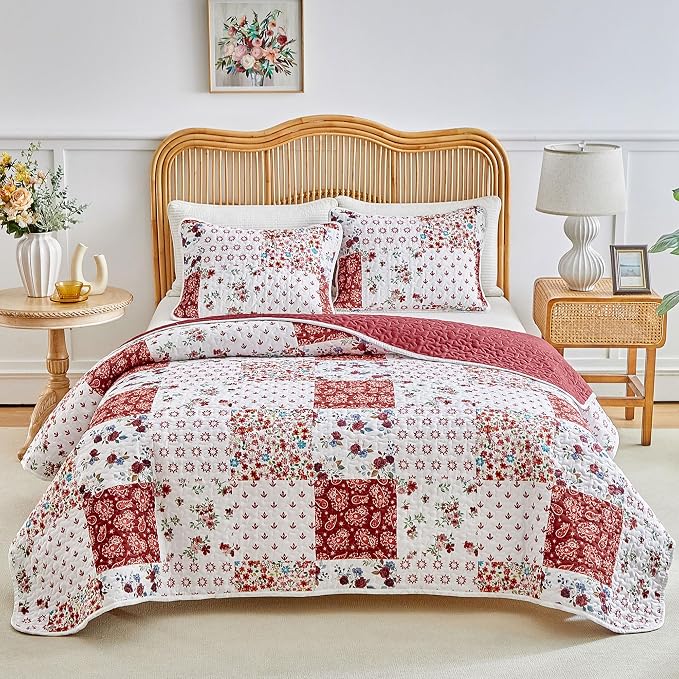 Joyreap 2 Pieces Floral Patchwork Quilt Set Twin, Burgundy Red n White Flowers by Joyreap