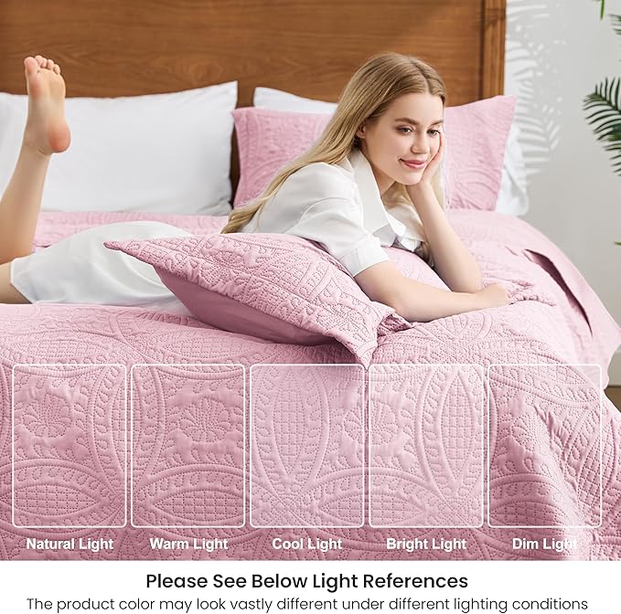 Love's cabin California King Size Quilt Bedding Set Pink Bedspreads - Image 6