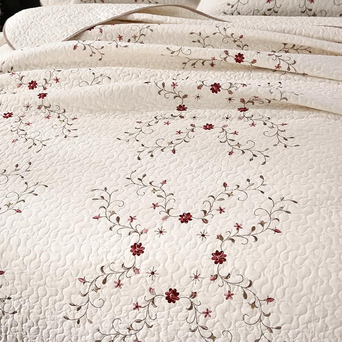 ROOMLIFE Quilt Set Floral Leaves 3D Embroidery Pattern 3 PCS Cotton Reversible - Image 4