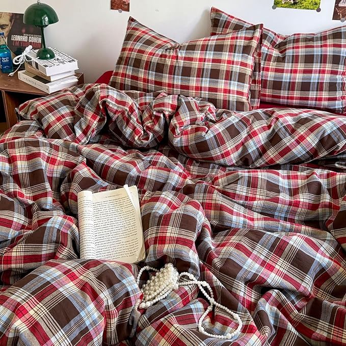 mixinni Vintage Red & Brown Buffalo Plaid Duvet Cover Set King Size - Image 4