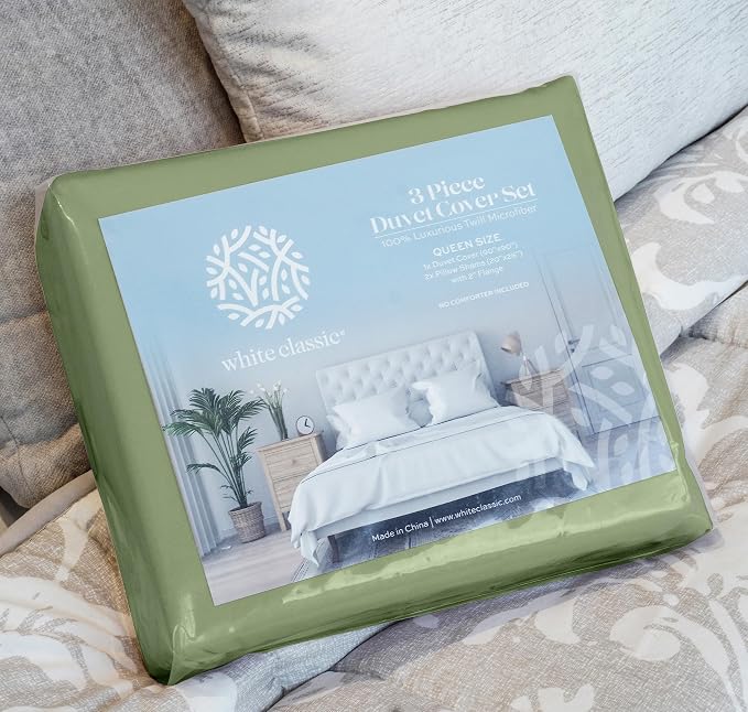 White Classic Sage Green Duvet Cover Queen Size, Microfiber Duvet Cover - Image 9