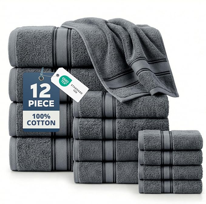 LANE LINEN Towel and Washcloths Set of 12 – 100% Cotton, Zero Twist, 4 Large by LaneLinen