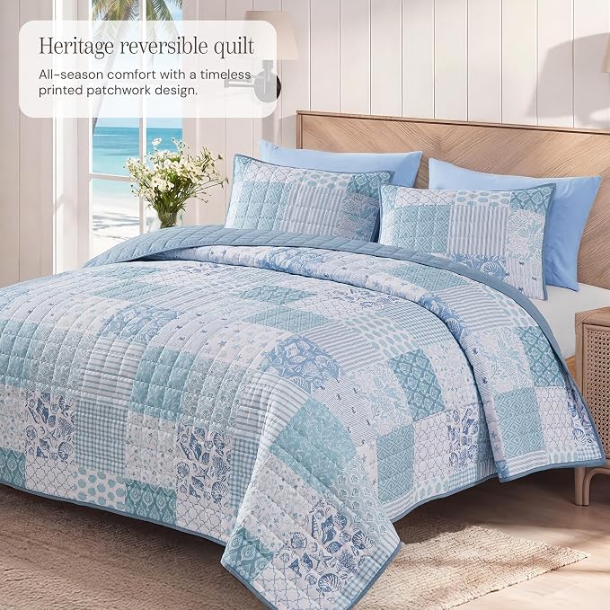 BLOOMHAVEN Quilt Set King Size, Patchwork Sea Blue Floral Quilt Sets, - Image 2