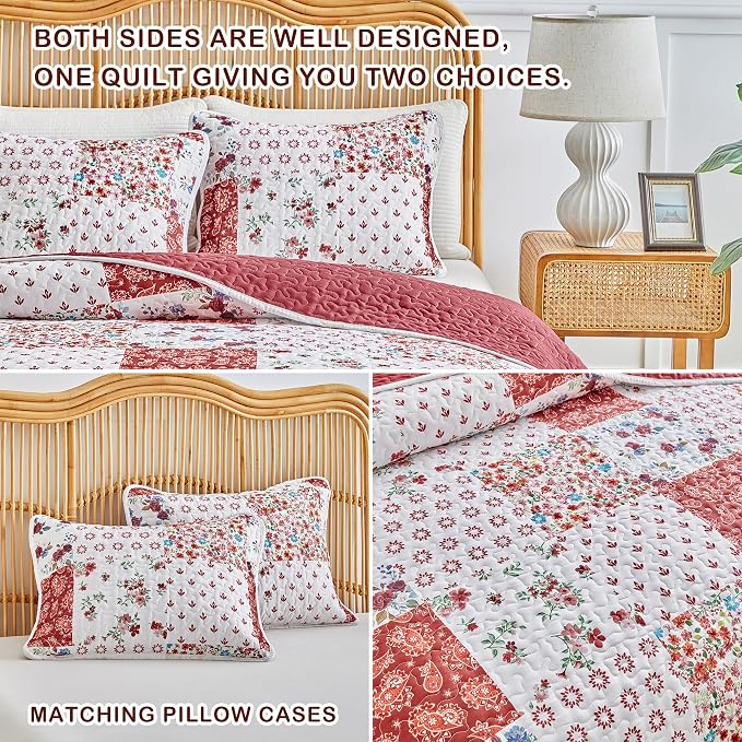 Joyreap 2 Pieces Floral Patchwork Quilt Set Twin, Burgundy Red n White Flowers - Image 5