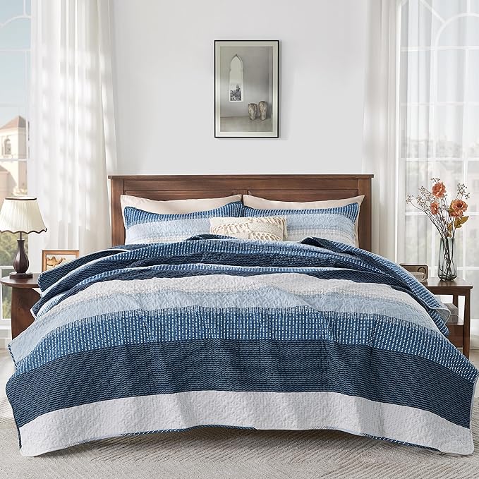 Andency Navy Blue Striped Quilt King, 3 Pieces Patchwork Bedspread Coverlet Set - Image 5