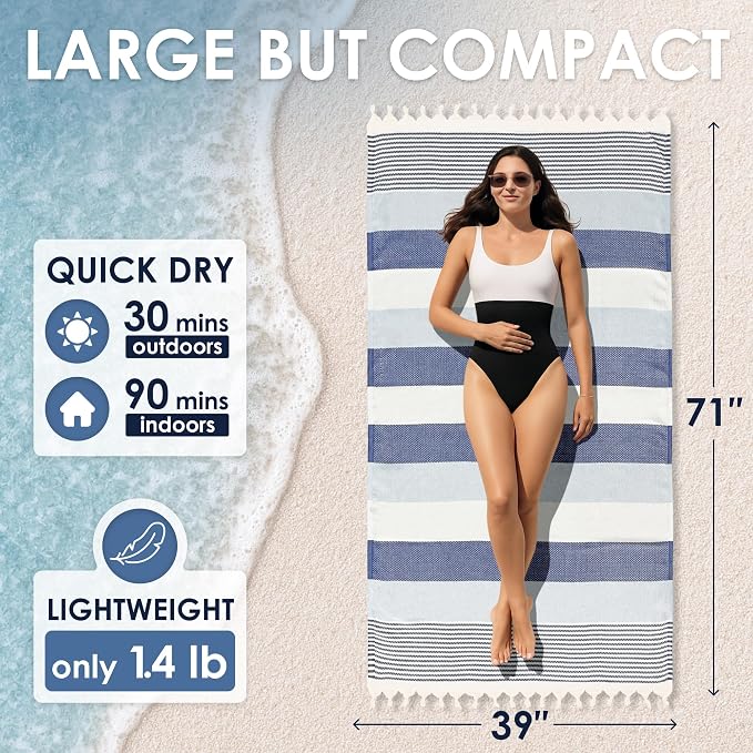 ATANI Turkish Beach Towel, Converts to a Bag, Oversized 100% Cotton Bath Towels - Image 3