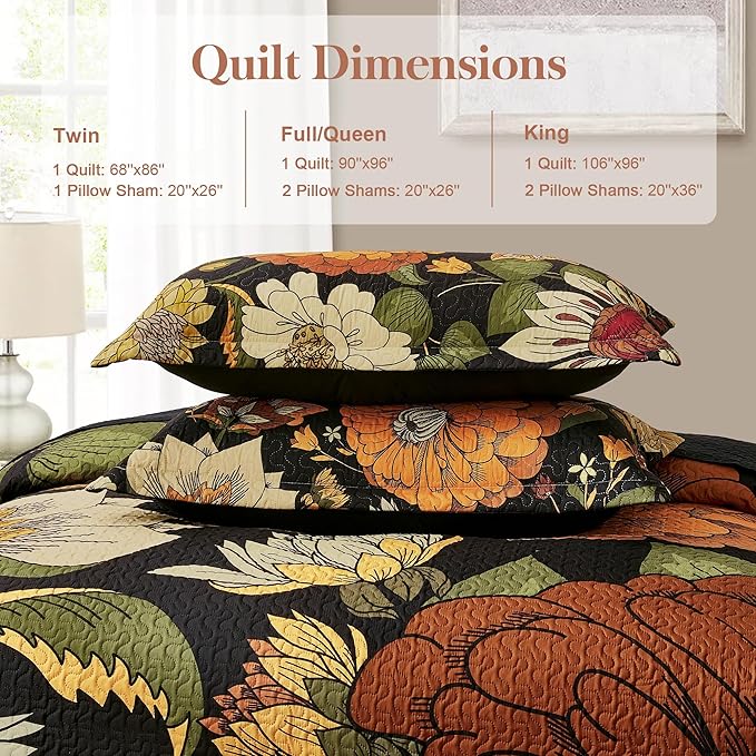 Tyrot 3 Piece Black Boho Floral Californial King Size Quilt Sets Reversible - Image 6