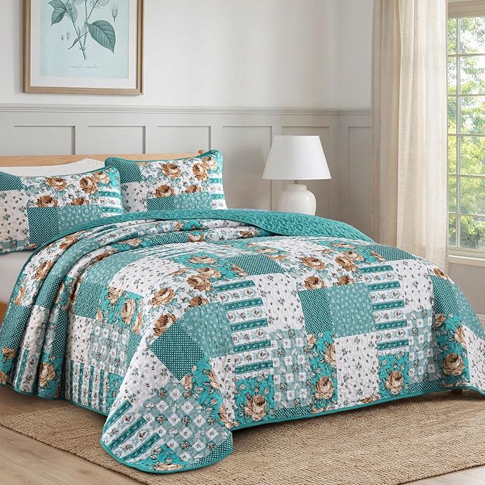 Anibedding Teal Quilt Set Queen Size Patchwork Floral Bedspread Coverlet - Image 2