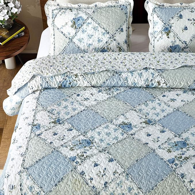 VIVILINEN Blue Floral Patchwork Quilt Set King Size Reversible Quilted Bedding - Image 4