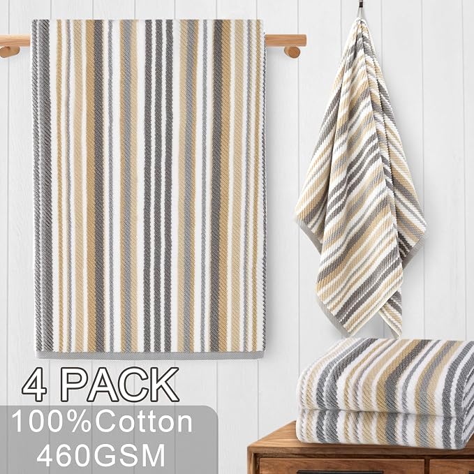 VOOVA & MOVAS Beige Striped Bath Towels, Bathroom Towels Set of 4, Tan Body - Image 4