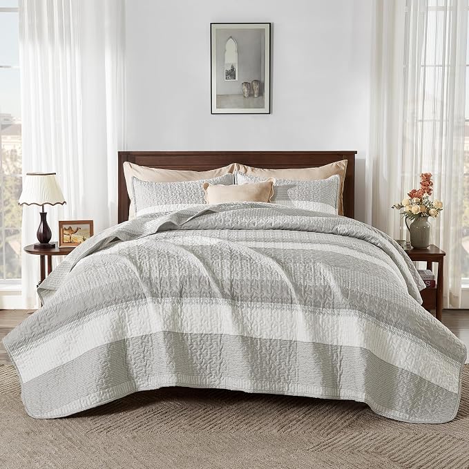 Andency Queen Quilt Bedding Set Linen Grey, 3 Pieces Patchwork Summer Striped - Image 9