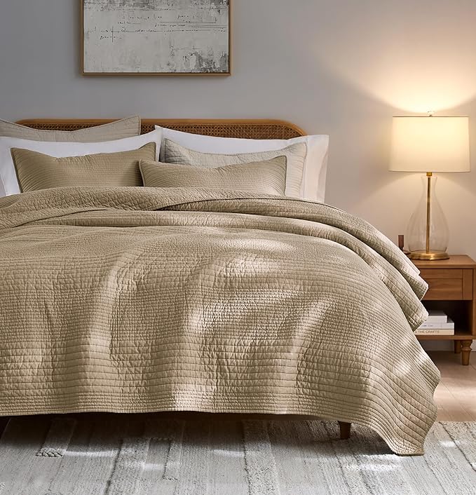 palassio Striped Dark Beige 100% Cotton Quilt Twin Size Bedding Sets, by PALASSIO