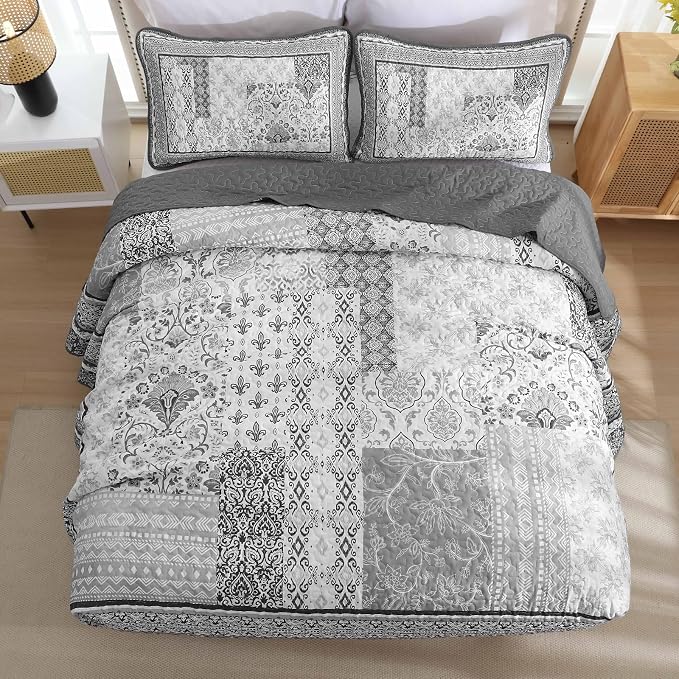 WONGS BEDDING Grey Quilt Set King Size, Bohemian Floral Patchwork Bedspread - Image 4