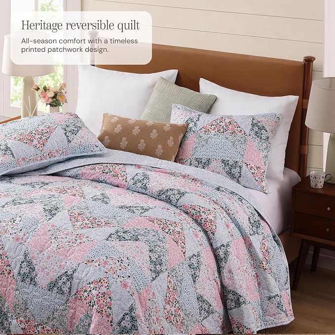 BLOOMHAVEN Quilt Set King Size, Patchwork Pink Floral Quilt Sets, Reversible - Image 2