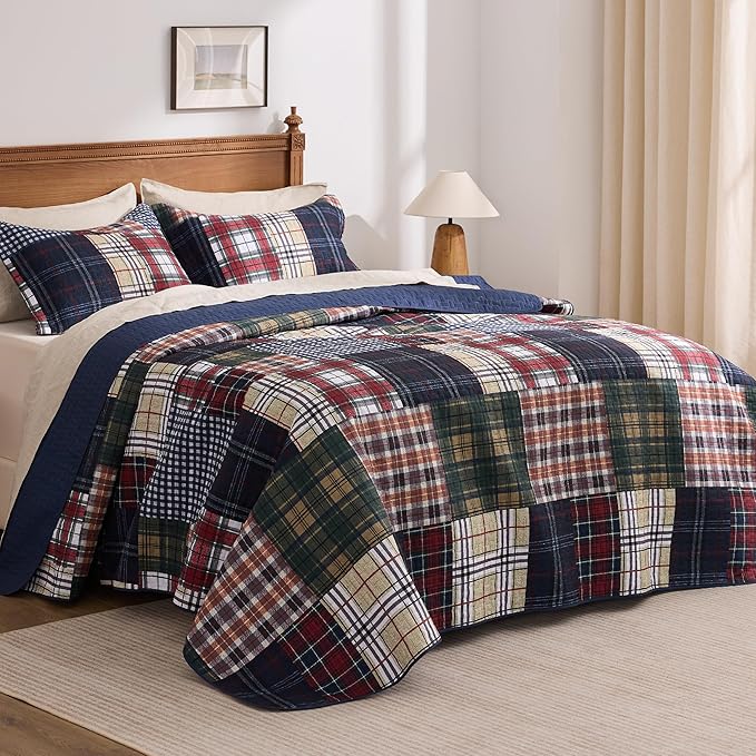 PPOLCA Patchwork King Quilt Bedding Set, Plaid Lightweight Reversible Bedspread - Image 5