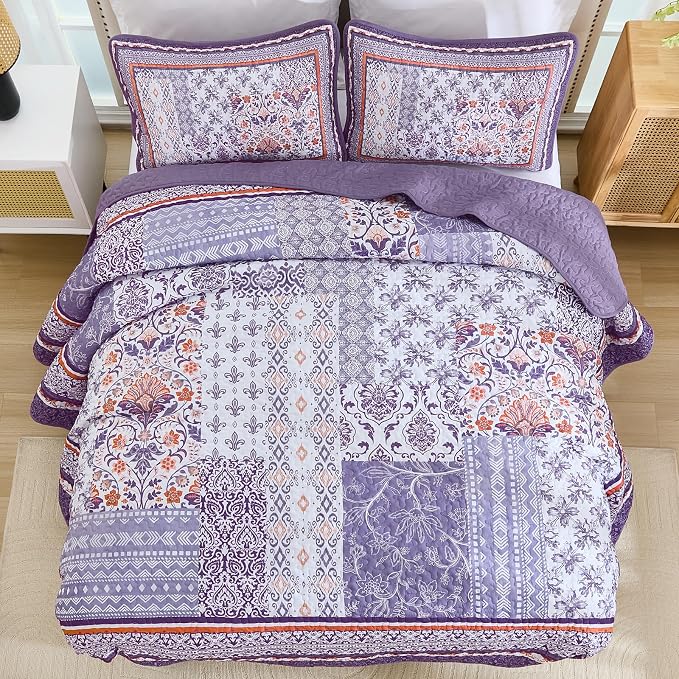 WONGS BEDDING Purle Quilt Set King Size, 3 Pieces Boho Patchwork Bedspread - Image 4