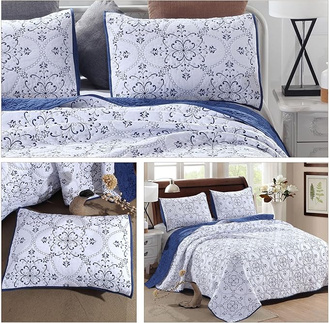 ROOMLIFE Quilt Set King Size 3D Floral Embroidery Pattern 3-Piece Cotton - Image 6