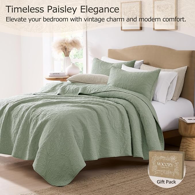 PALASSIO Sage Green Paisley 100% Cotton Quilt King Size Bedding Sets - Image 2