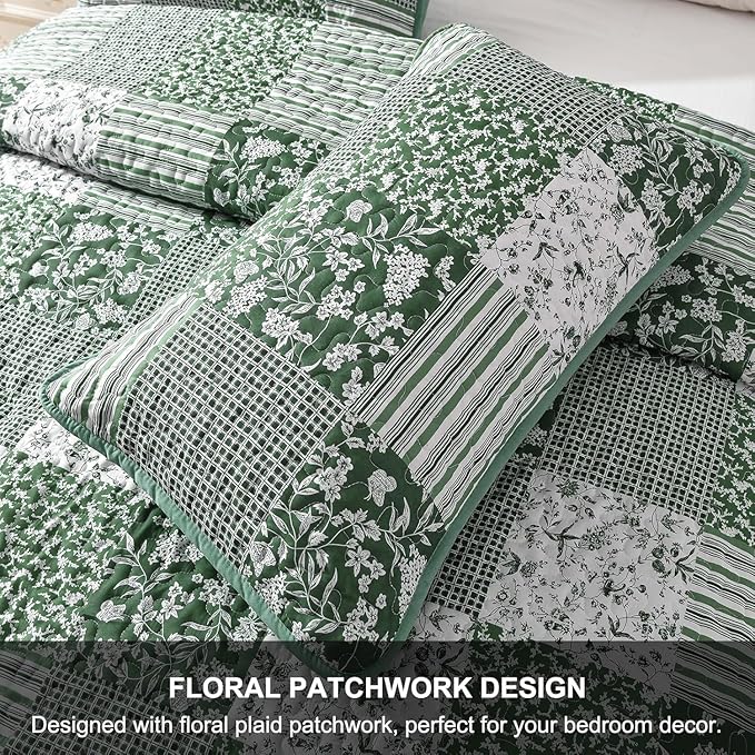 Mybedsoul Green Quilt Set Full Size, 3 Pieces Plaid Floral Bedspread Set - Image 6