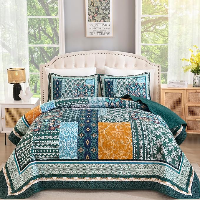 WONGS BEDDING Green Quilt Set Queen Size, 3 Pieces Boho Patchwork Quilt by WONGSBEDDING