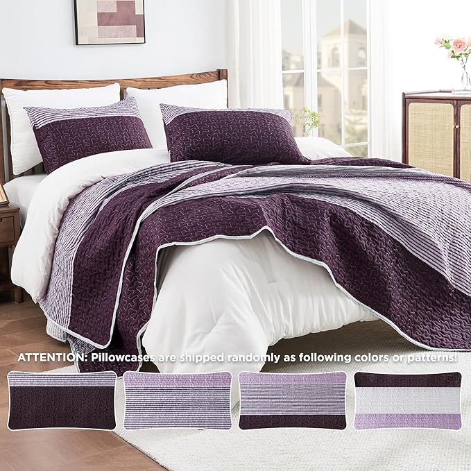 Andency Striped Quilt Set King, 3 Pieces Purple and Grey Striped Bedspread - Image 4
