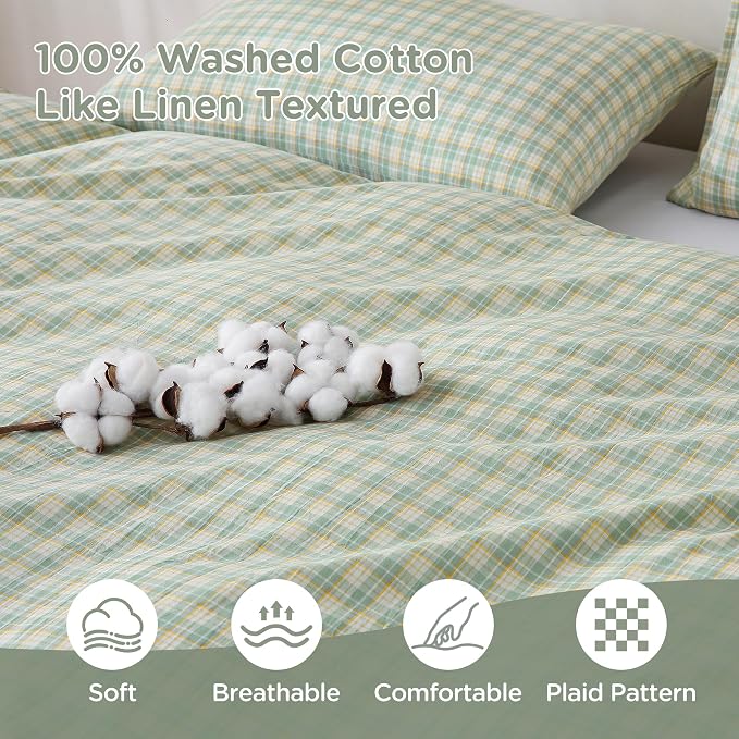 TOCOMOA Plaid Duvet Cover Set 100% Washed Cotton Like Linen Feel Super Soft - Image 5