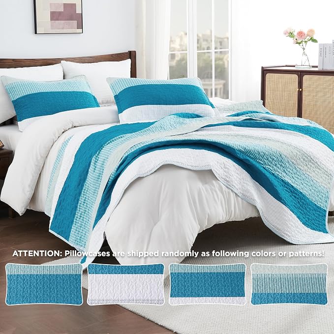 Andency Teal White Quilt Queen, 3 Pieces Patchwork Bedspread Coverlet Set - Image 4