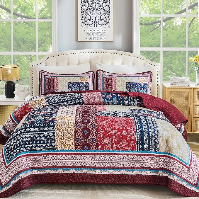 WONGS BEDDING Boho Quilt Set Queen Size, Reversible Farmhouse Floral Pattern by WONGSBEDDING