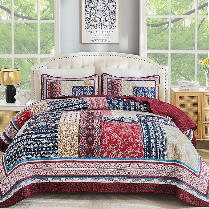 WONGS BEDDING Quilt Set King Size, Reversible Farmhouse Floral Pattern by WONGSBEDDING