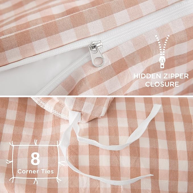 TOCOMOA Pink Tan Gingham Duvet Cover Bedding Set 100% Washed Cotton Like Linen - Image 6