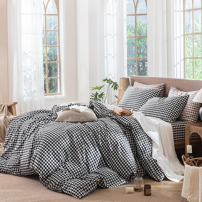MooMee Gingham Duvet Cover Set 100% Washed Cotton Linen Like Textured - Image 4