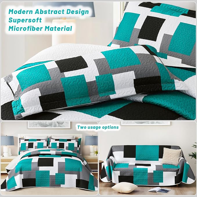 Tyrot 2 Piece Teal/Turquoise Grey Quilt Set Twin Size Black White Geometric - Image 3