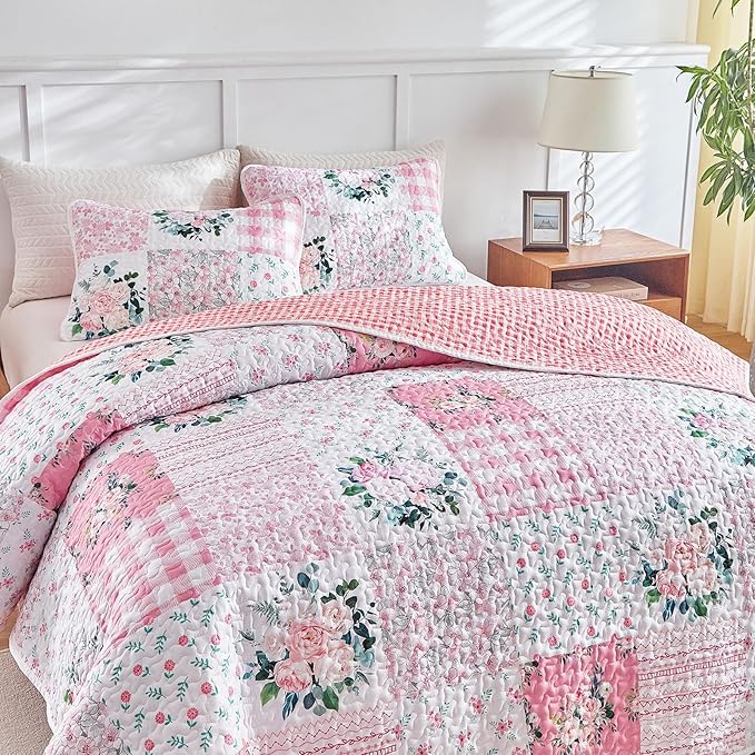 Joyreap 3 Pieces Floral Patchwork Quilt Set King, Soft n Cozy Microfiber Quilt - Image 5