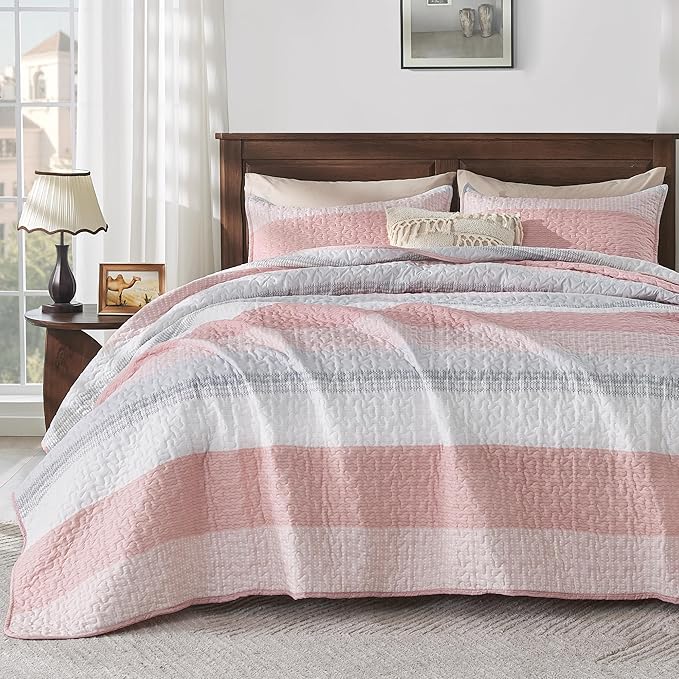 Andency Pink Quilt Cal King, 3 Pieces Patchwork Striped Bedspread Coverlet Set by Andency