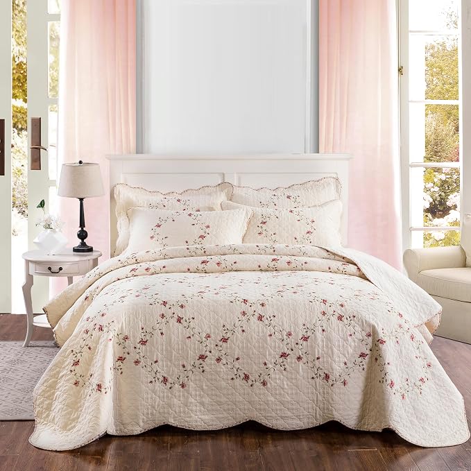 Quilt Set Classical 3D Floral Embroidery Pattern 3-Piece Cotton Reversible - Image 7