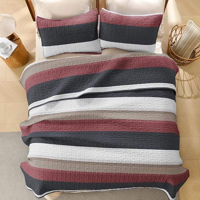 Litanika Quilt Queen Size Black and Red, Stripe Patchwork Summer Bedspread - Image 3