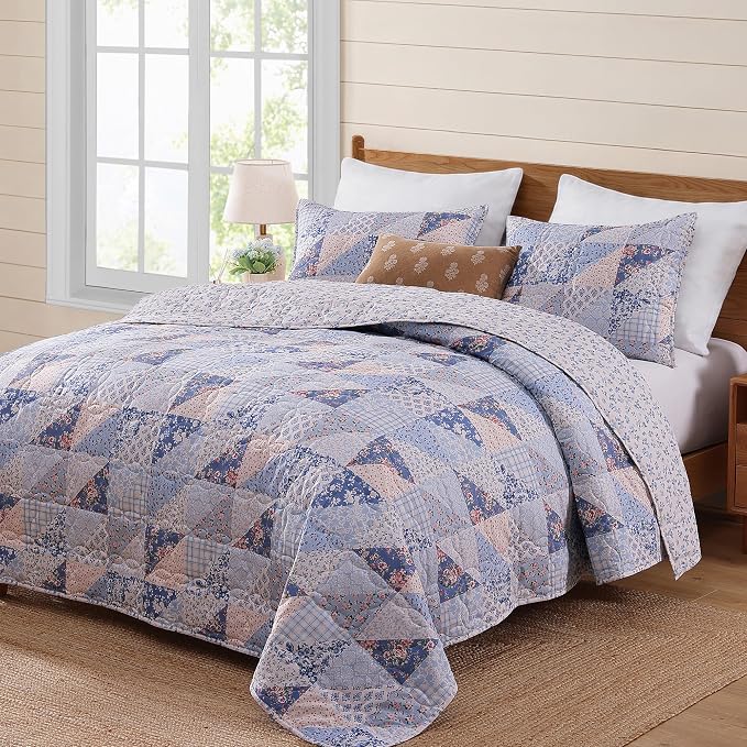 BLOOMHAVEN Quilt Set Queen Size, Patchwork Blue Pink Marigold Floral Quilt Sets - Image 7