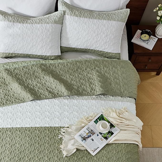 Andency Queen Quilt Bedding Set Weat Green, 3 Pieces Patchwork Summer Striped - Image 4