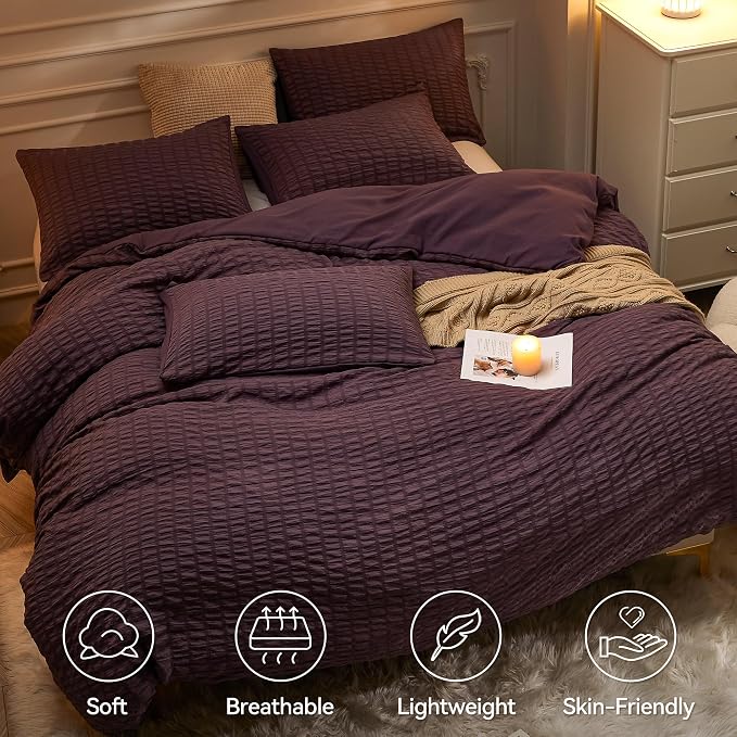 JELLYMONI Purple Duvet Cover Full Size, Soft Breathable Seersucker Duvet Cover - Image 2