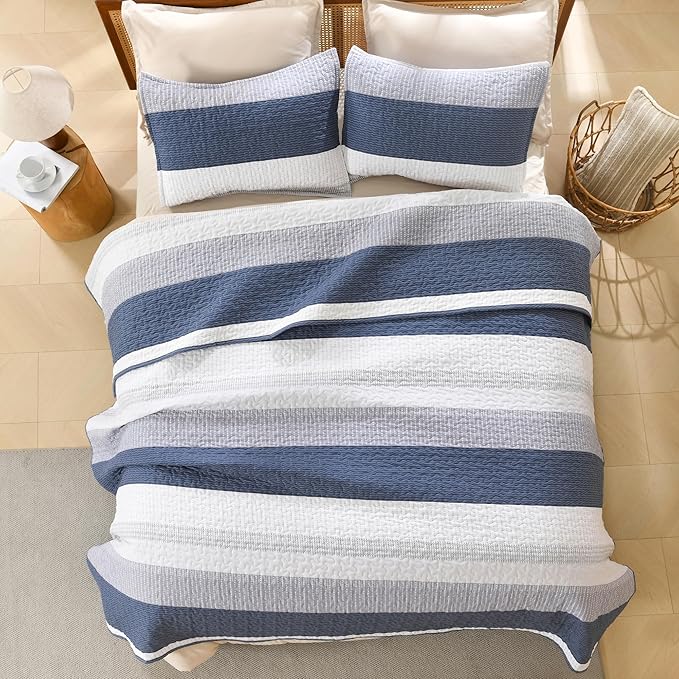 Litanika Oversized King Quilt Set Mineral Blue, 120x98 Stripe Bedspread - Image 3
