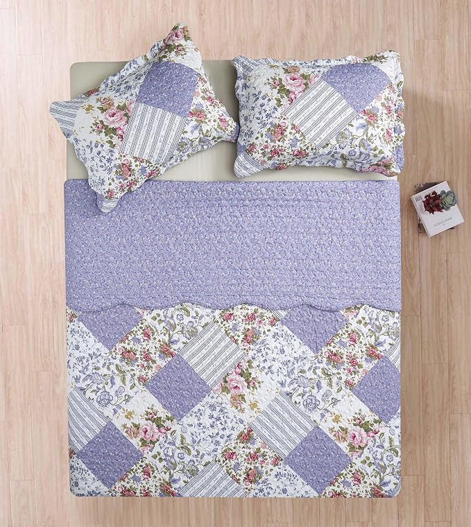 Brilliant Sunshine Rose Violet Patchwork, 3-Piece Quilt Set - Image 7