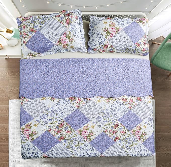 Brilliant Sunshine Rose Violet Patchwork, 3-Piece Quilt Set - Image 6
